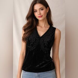 Molly Bracken Black Embroidered Velvet V-Neck Tank